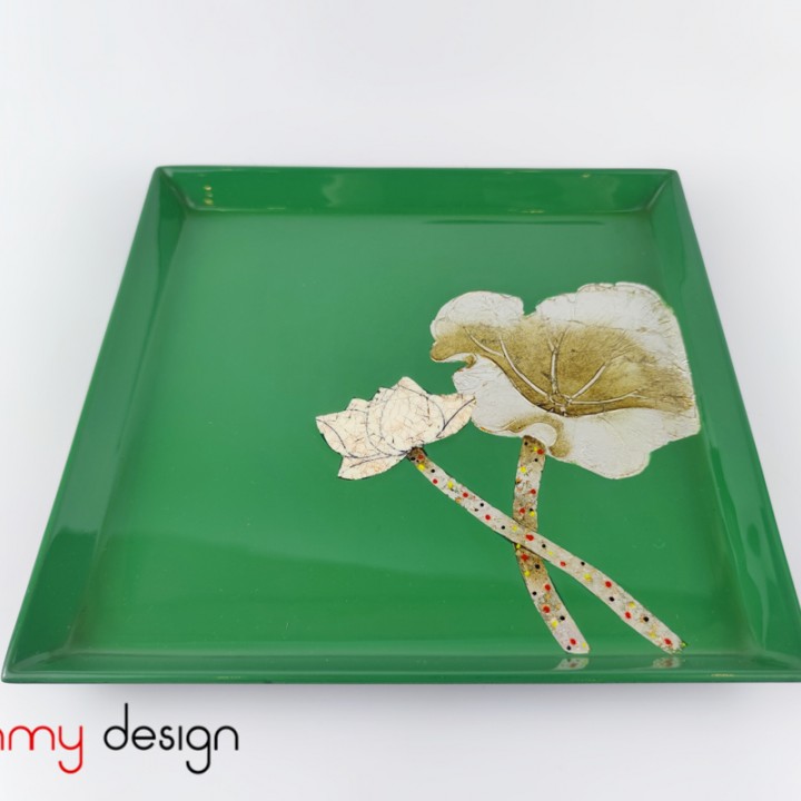 Small green square lacquer tray hand-painted with lotus 22 cm